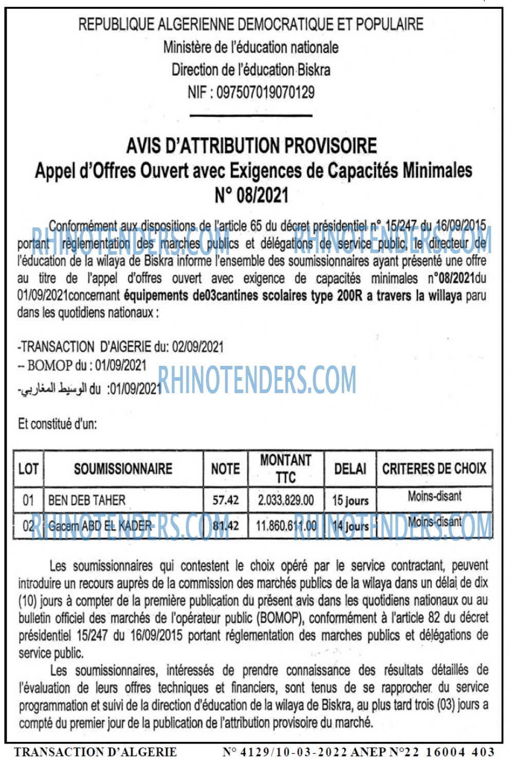 TRANSACTION D'ALGERIE