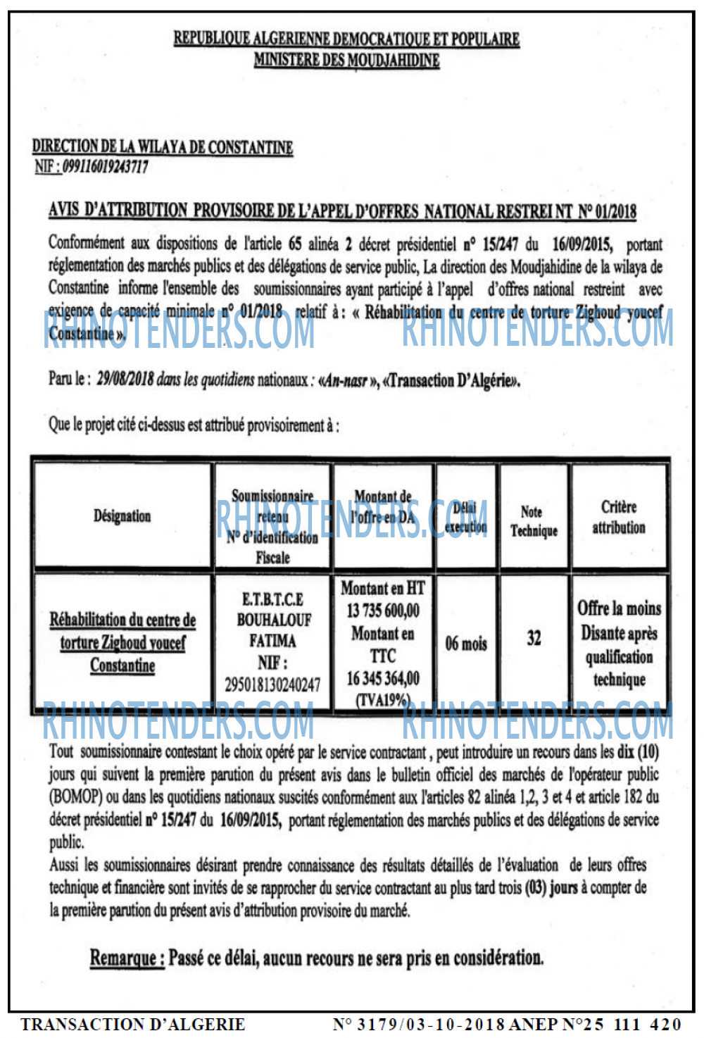 TRANSACTION D'ALGERIE