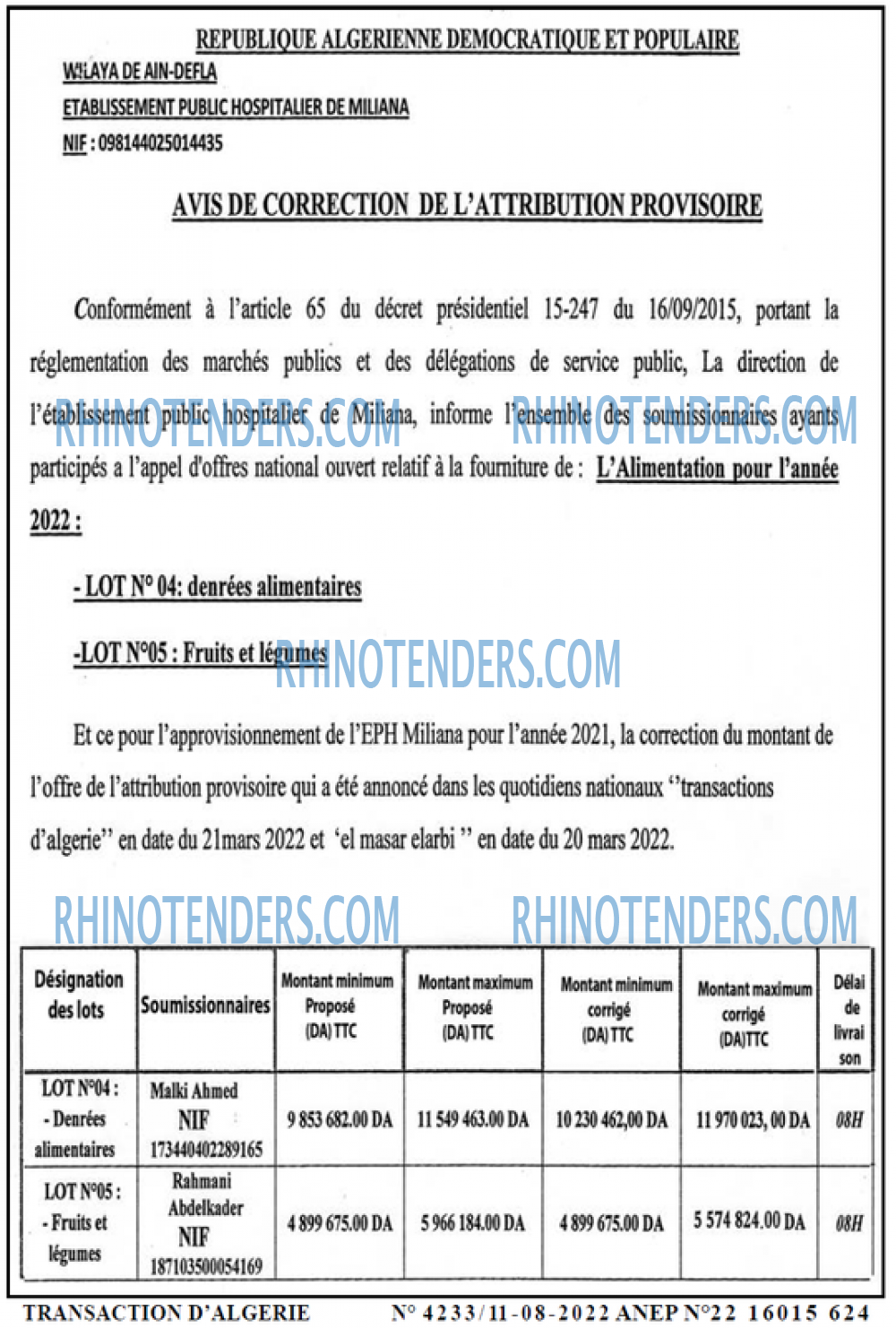 TRANSACTION D'ALGERIE