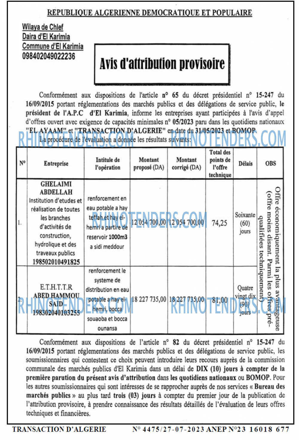 TRANSACTION D'ALGERIE