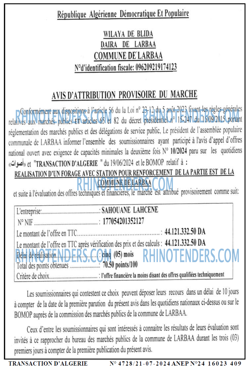 TRANSACTION D'ALGERIE