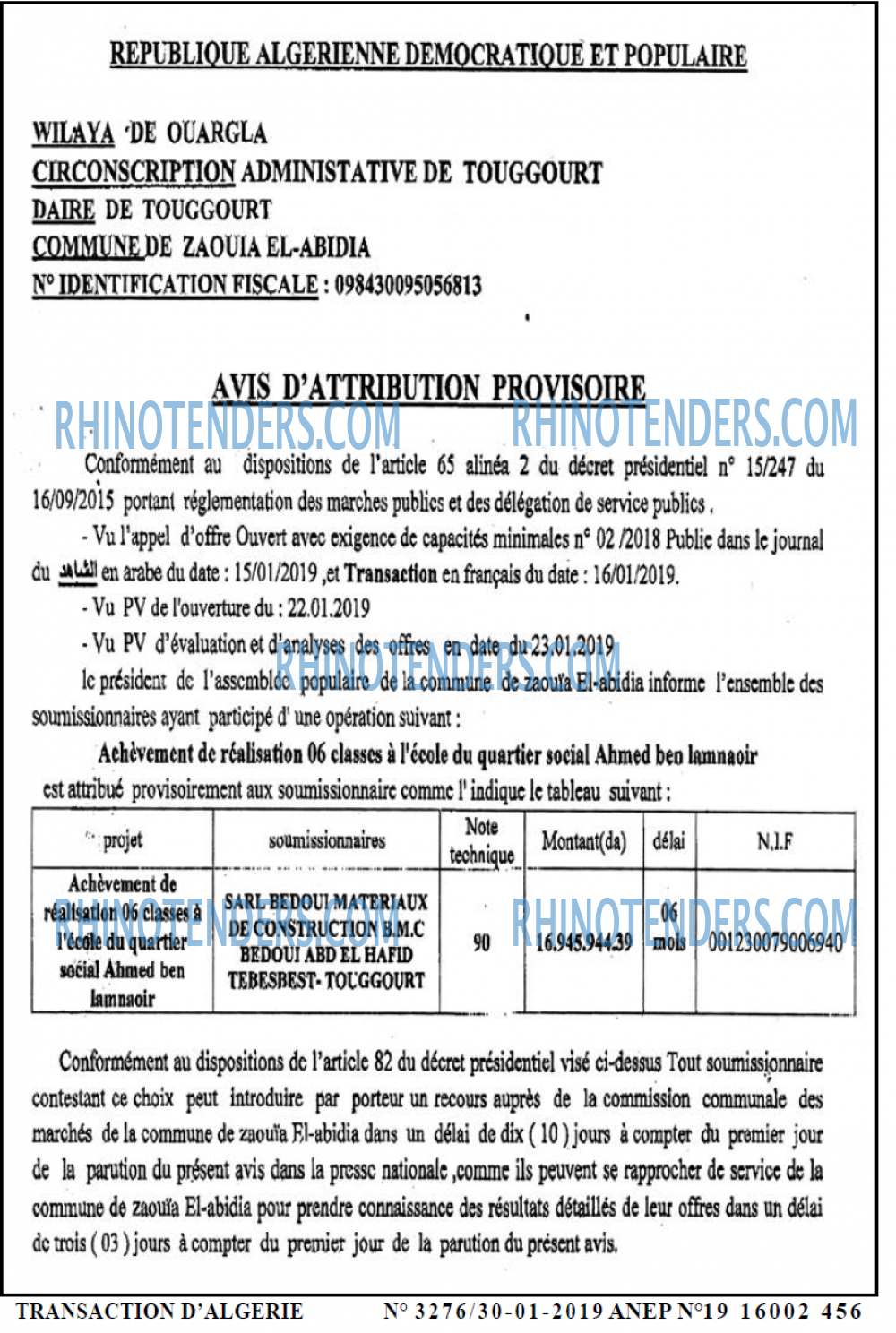 TRANSACTION D'ALGERIE
