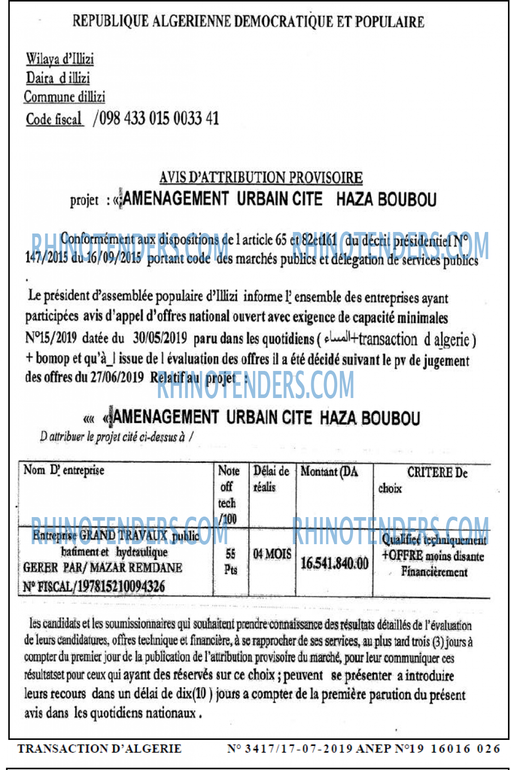 TRANSACTION D'ALGERIE