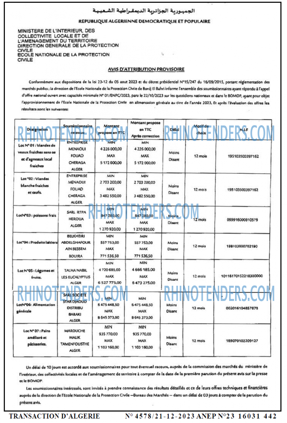 TRANSACTION D'ALGERIE