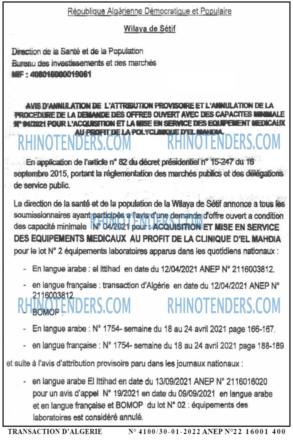 TRANSACTION D'ALGERIE