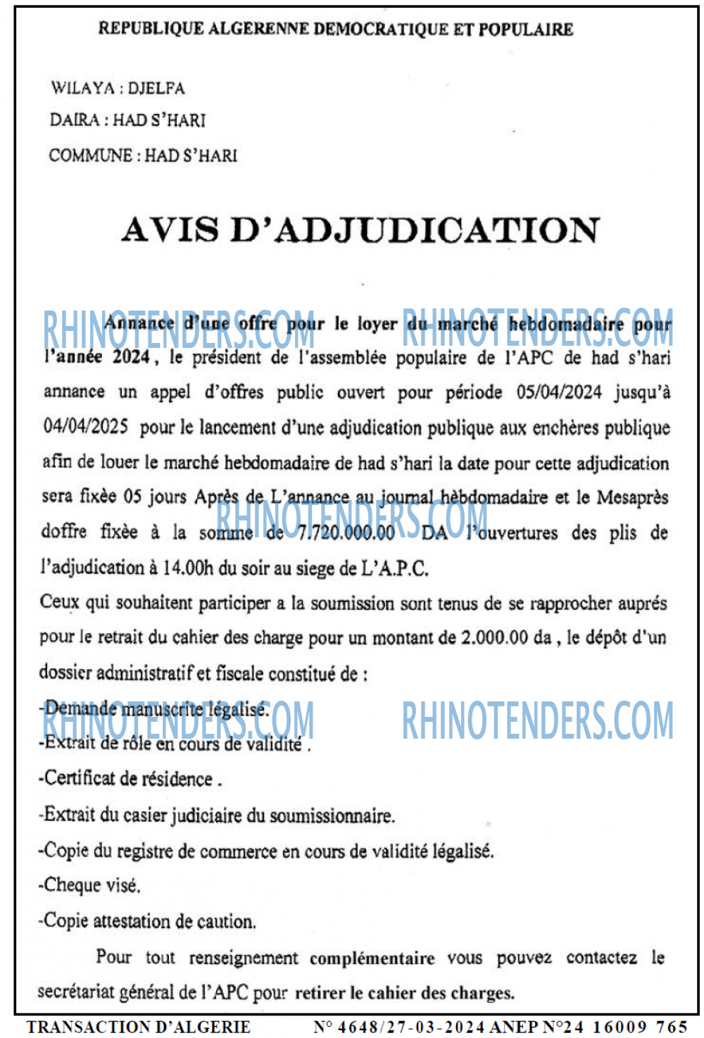 TRANSACTION D'ALGERIE