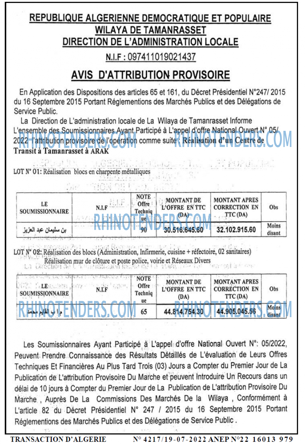 TRANSACTION D'ALGERIE