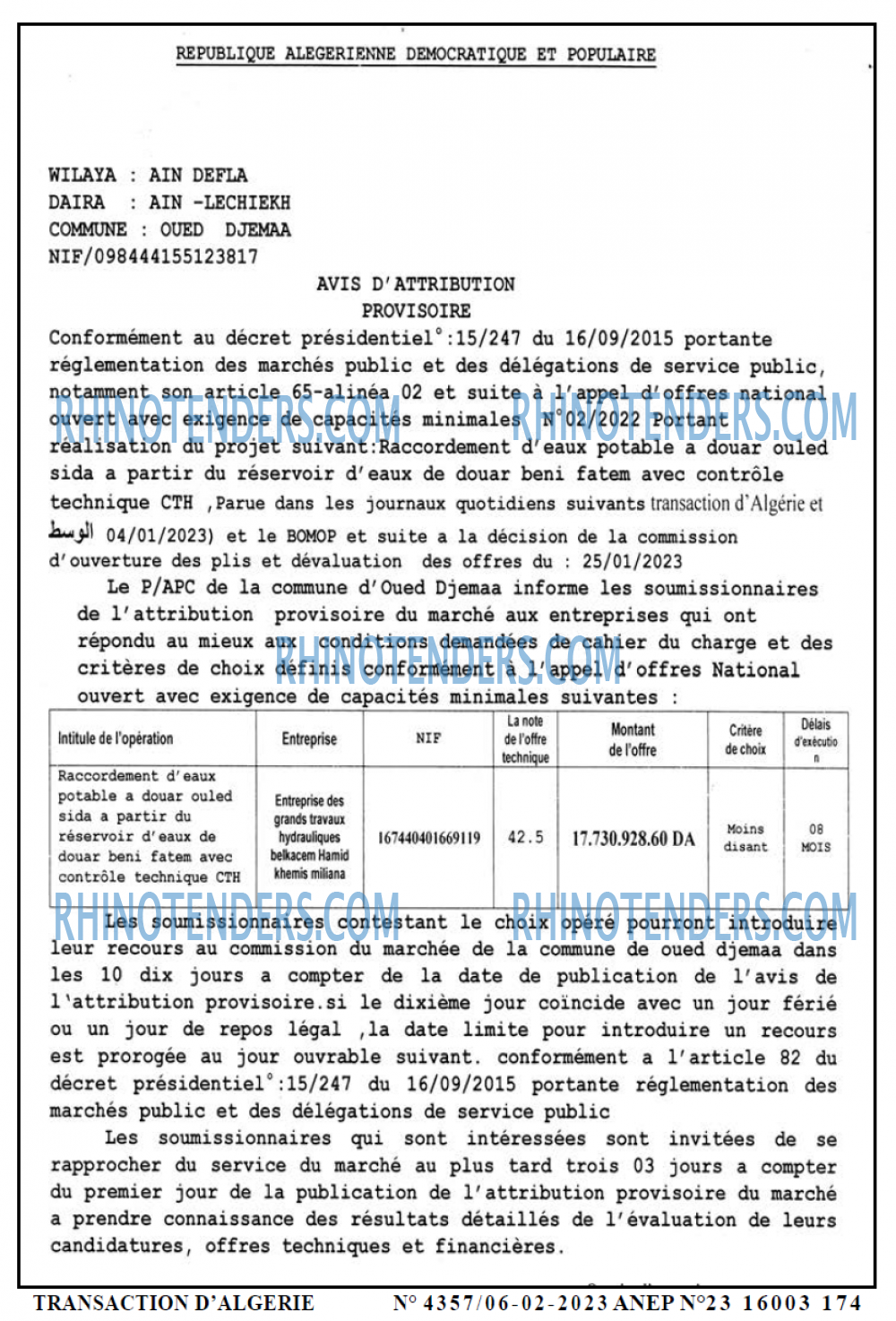 TRANSACTION D'ALGERIE