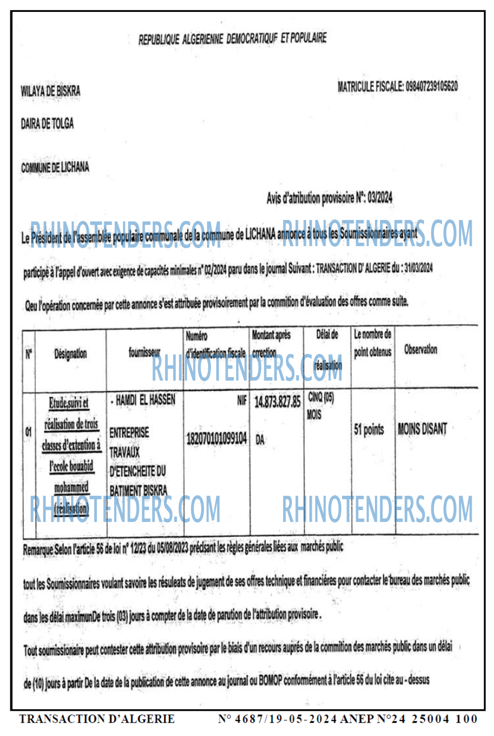 TRANSACTION D'ALGERIE
