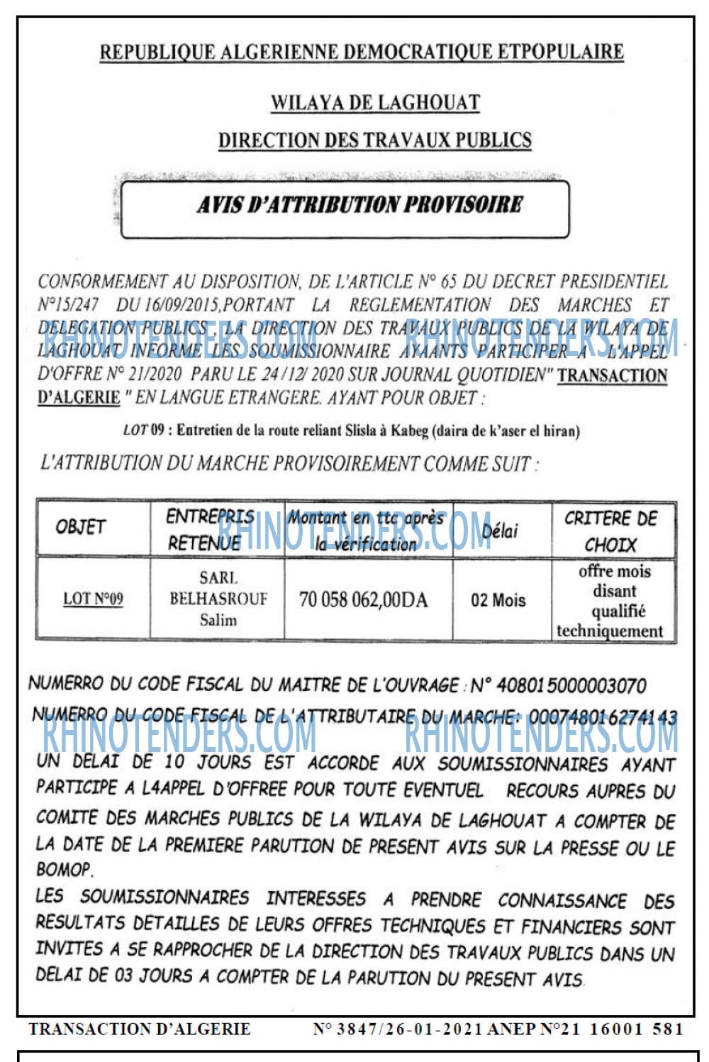 TRANSACTION D'ALGERIE