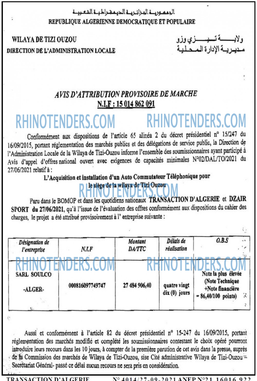 TRANSACTION D'ALGERIE
