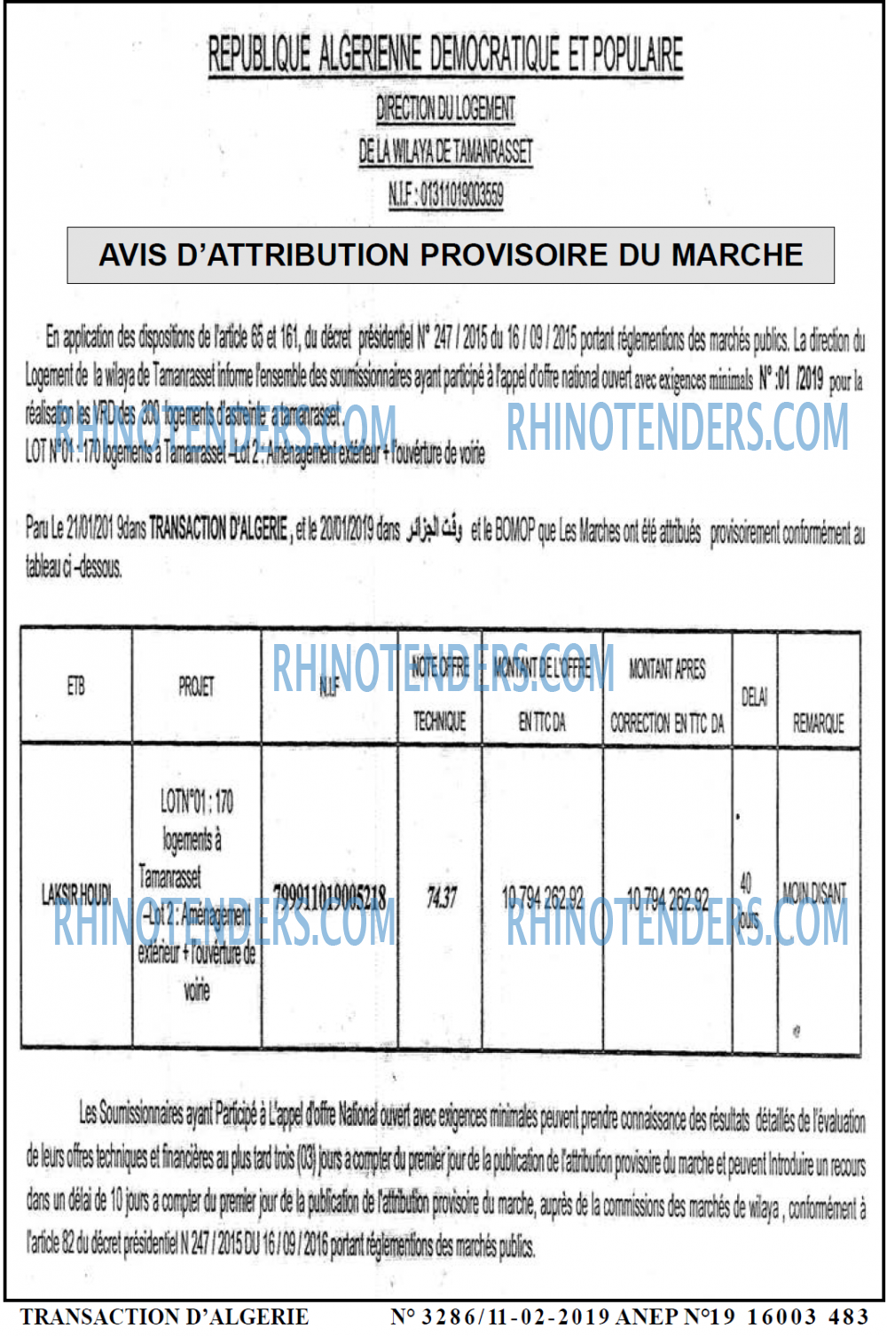 TRANSACTION D'ALGERIE