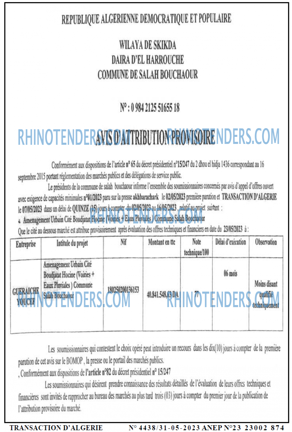 TRANSACTION D'ALGERIE