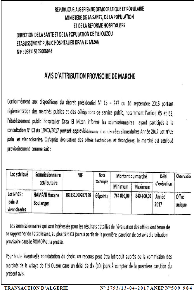 TRANSACTION D'ALGERIE