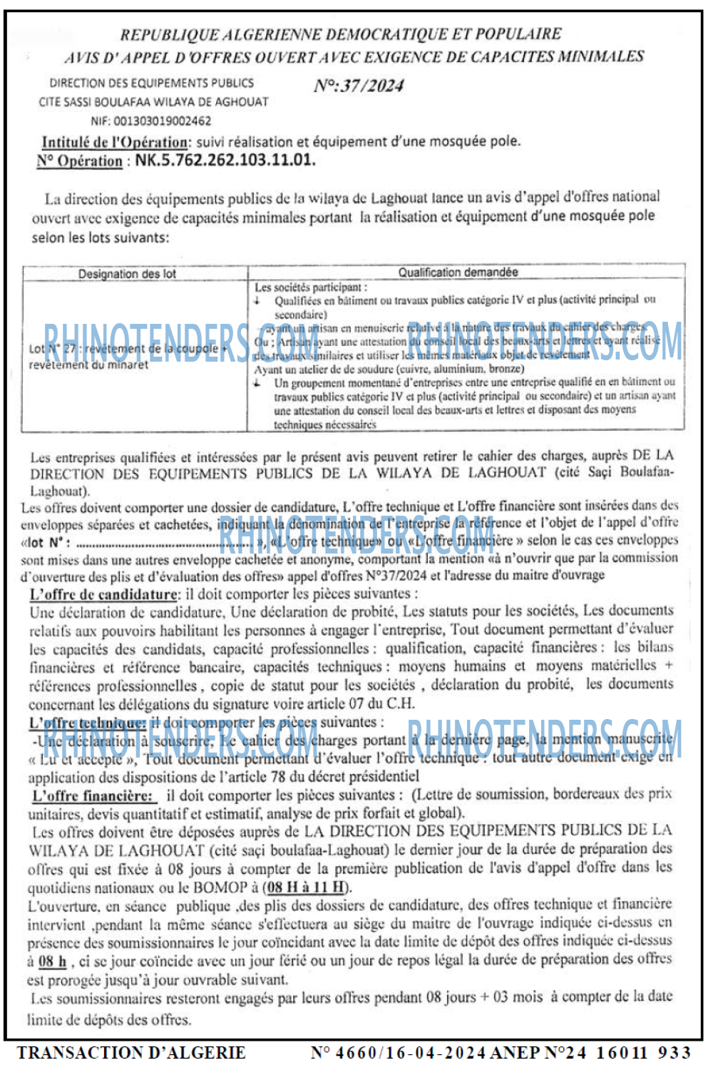 TRANSACTION D'ALGERIE