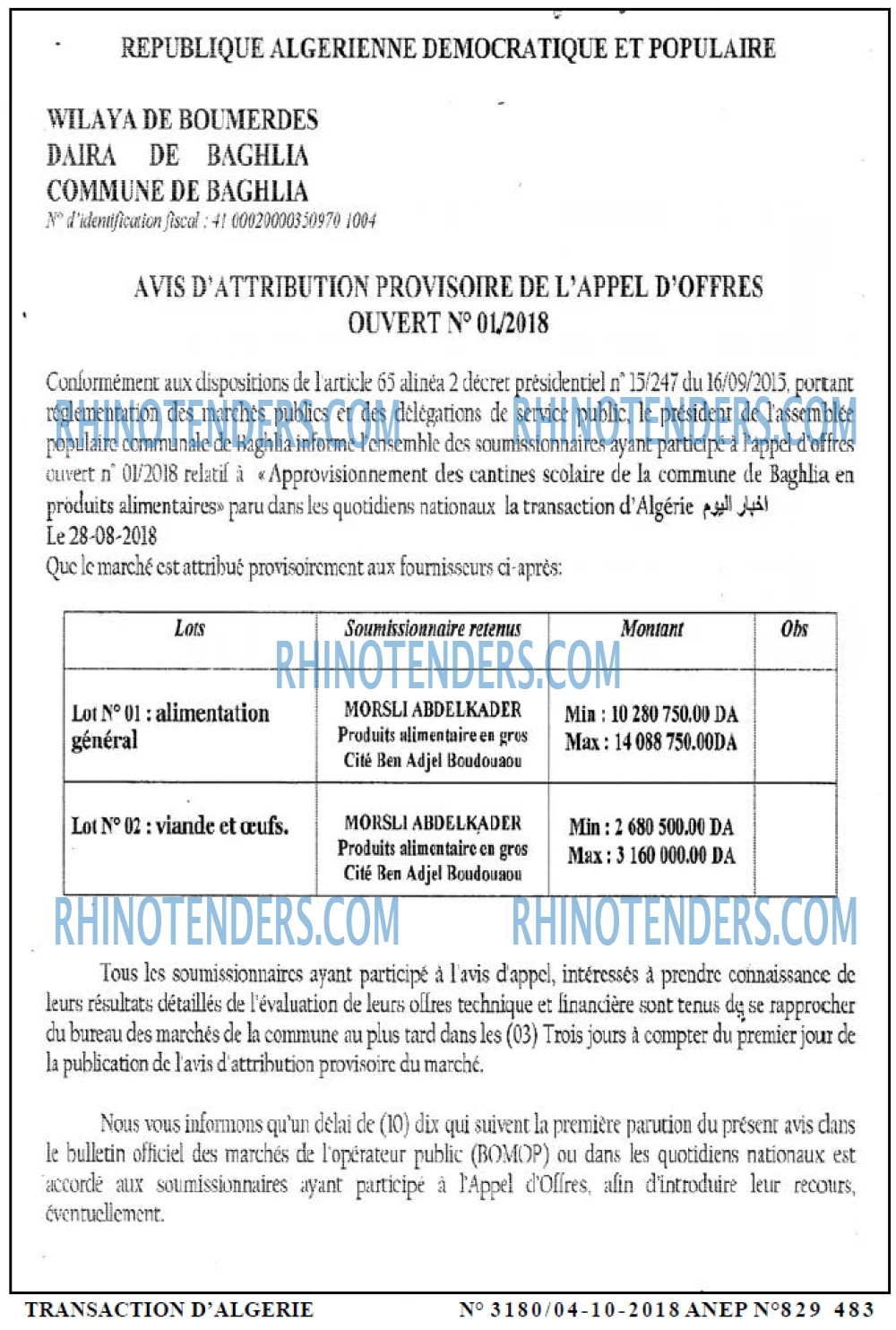 TRANSACTION D'ALGERIE