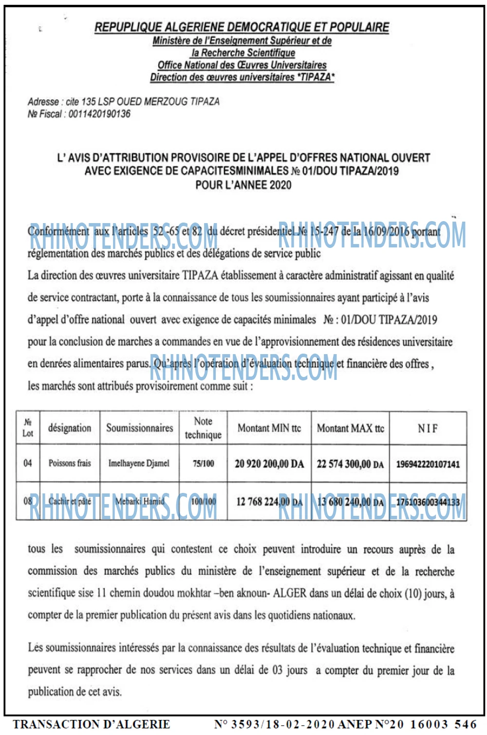 TRANSACTION D'ALGERIE