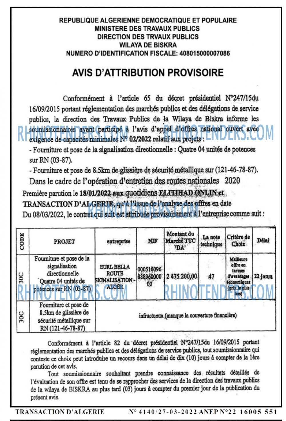 TRANSACTION D'ALGERIE