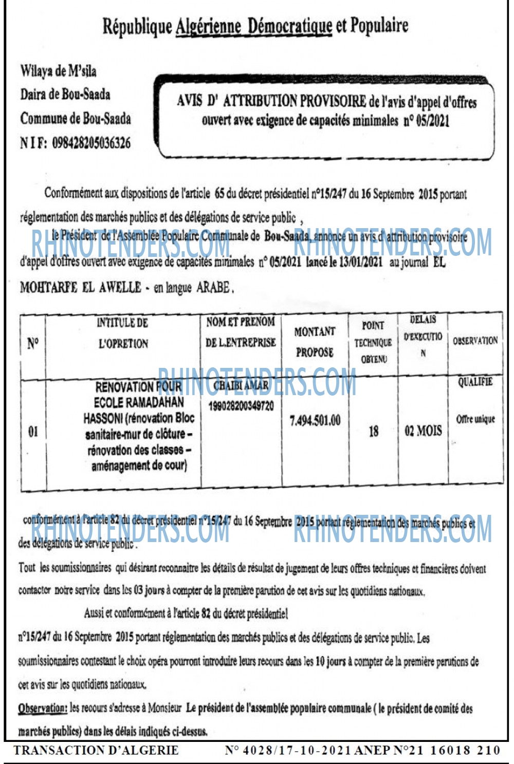 TRANSACTION D'ALGERIE