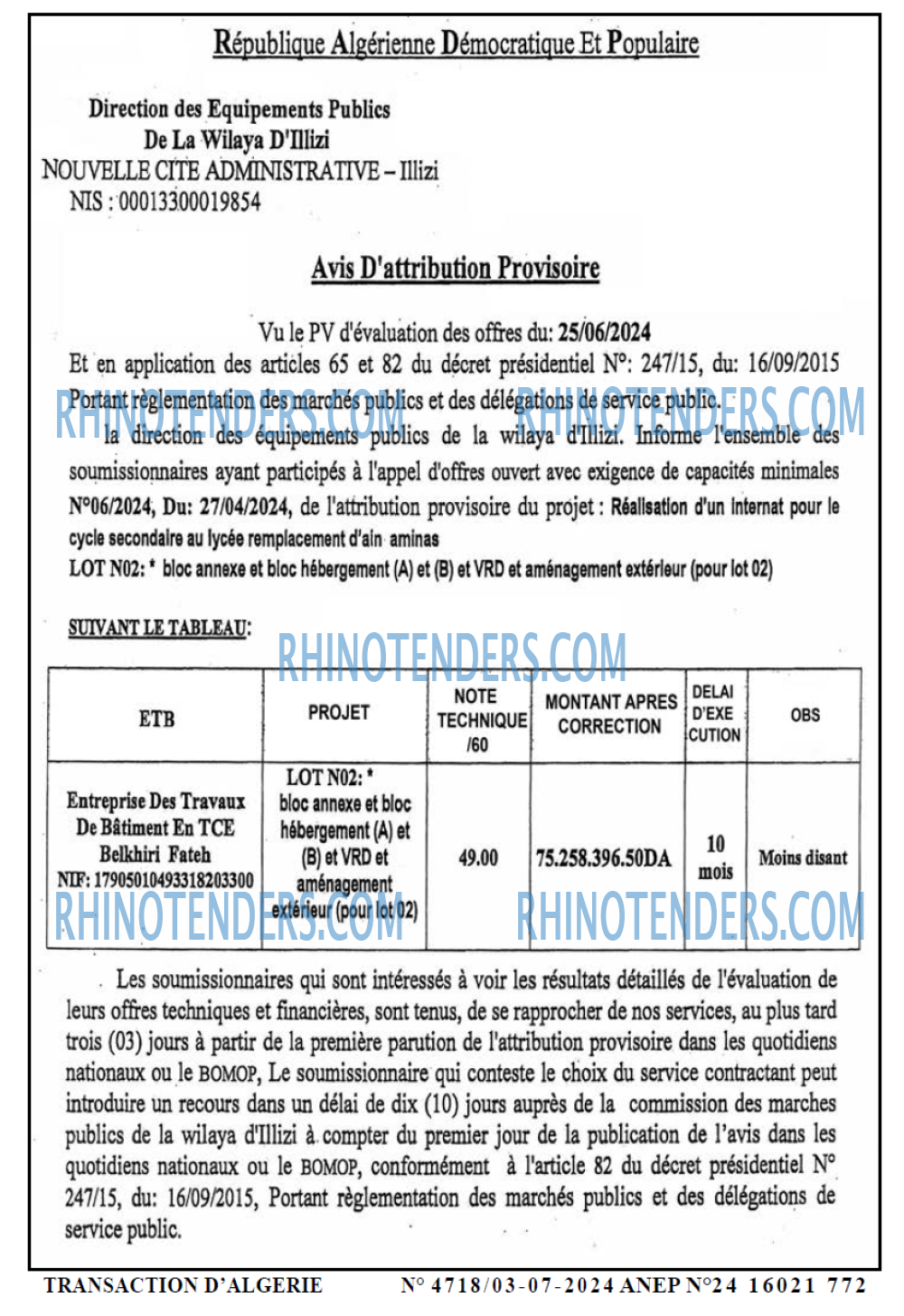TRANSACTION D'ALGERIE