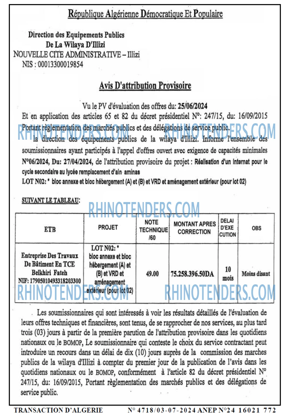 TRANSACTION D'ALGERIE
