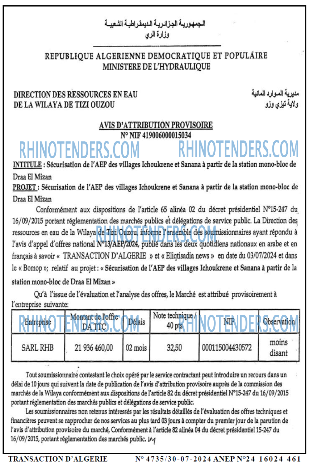 TRANSACTION D'ALGERIE