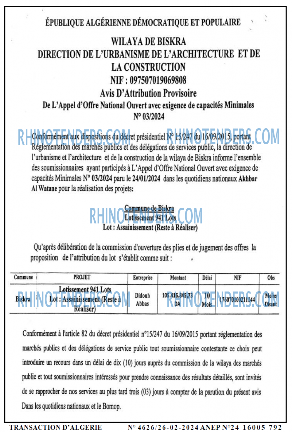 TRANSACTION D'ALGERIE
