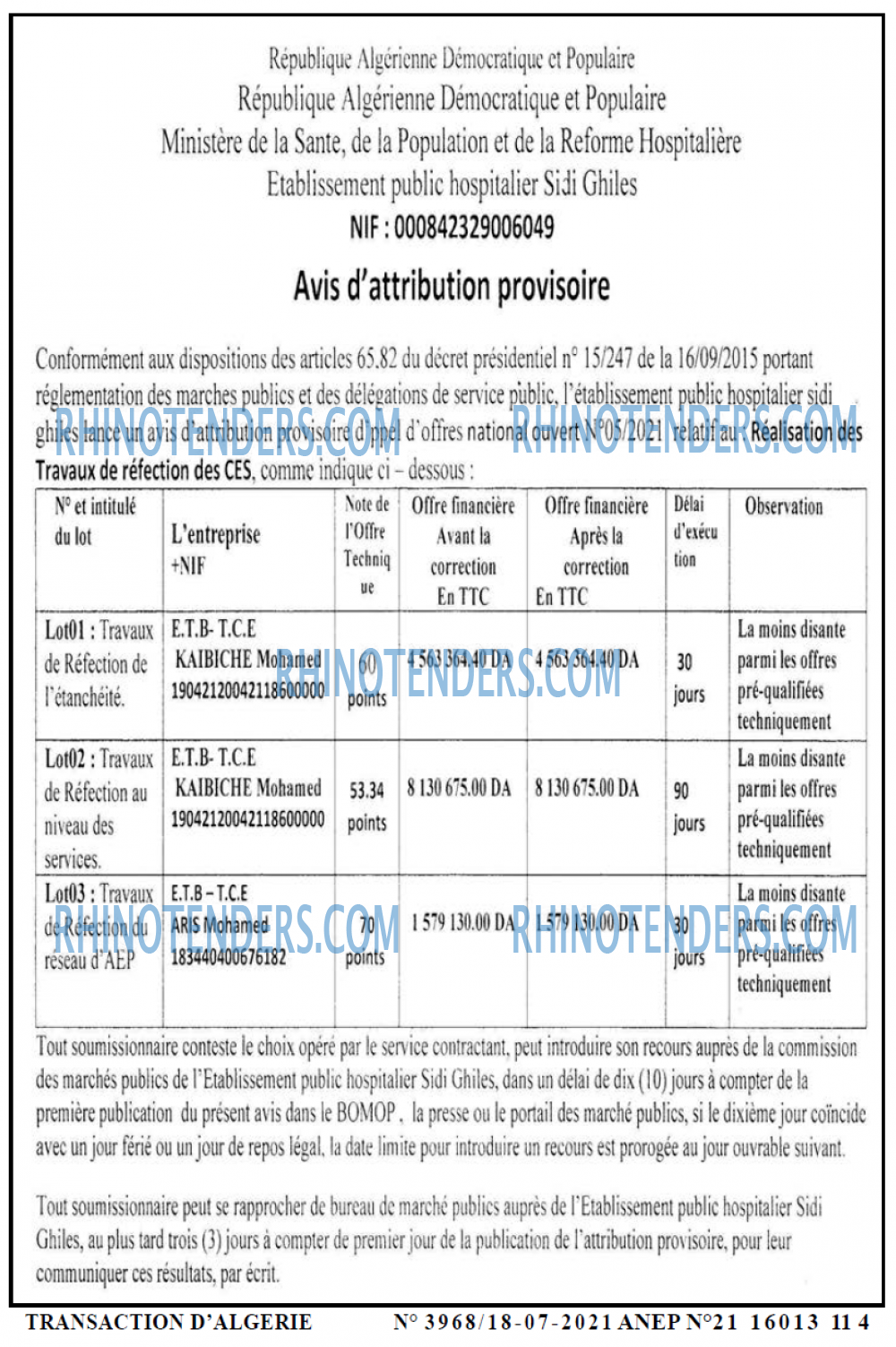 TRANSACTION D'ALGERIE