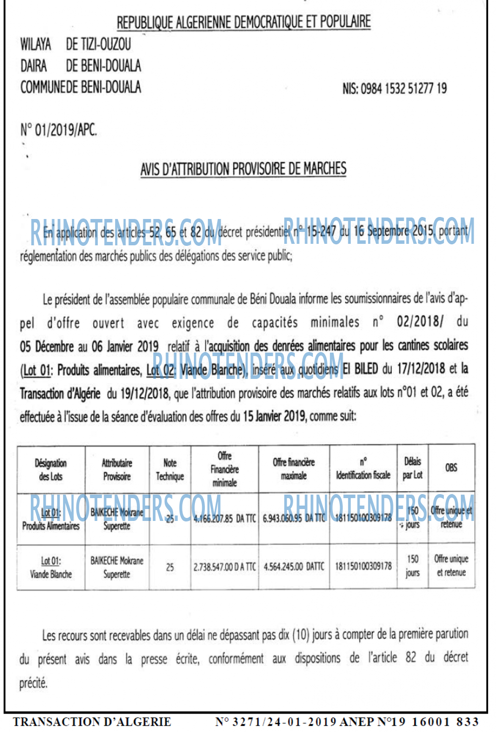 TRANSACTION D'ALGERIE
