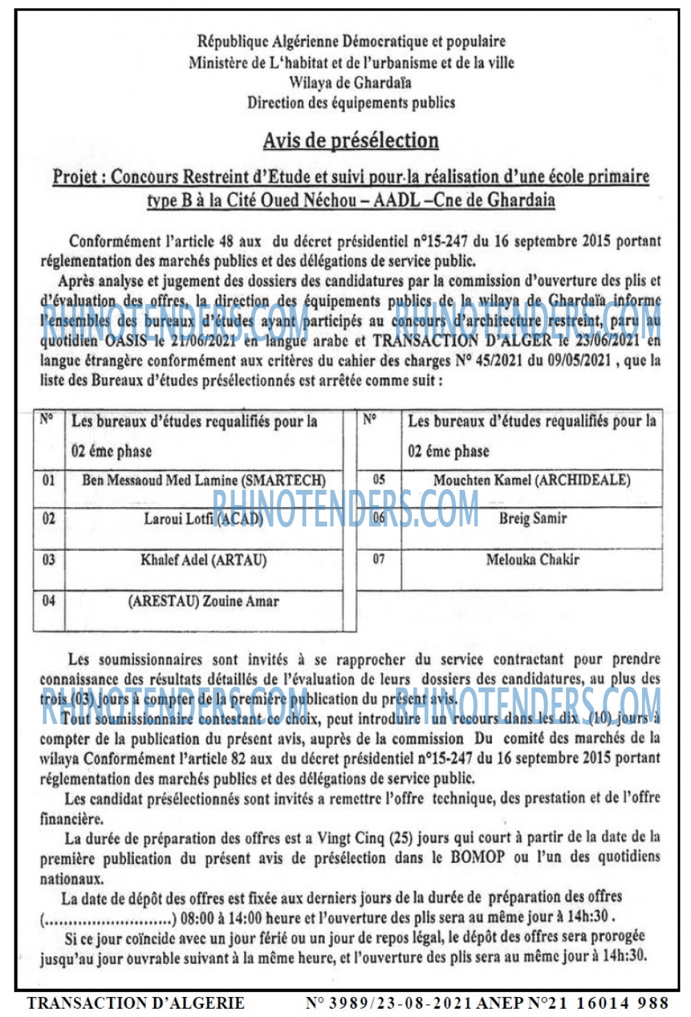 TRANSACTION D'ALGERIE