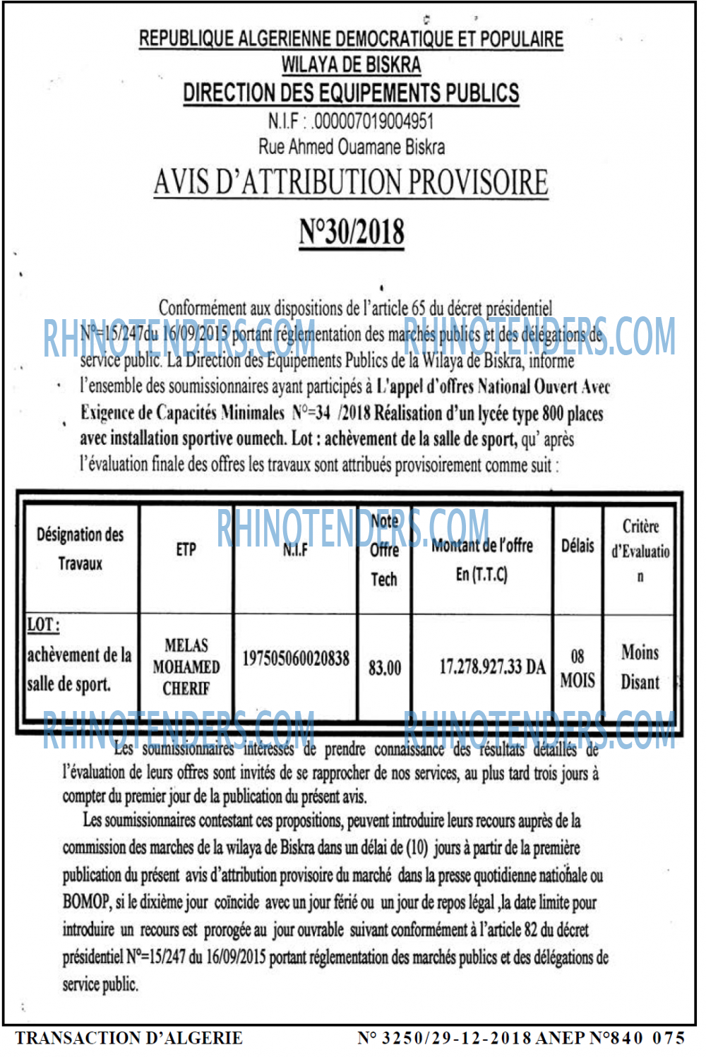 TRANSACTION D'ALGERIE