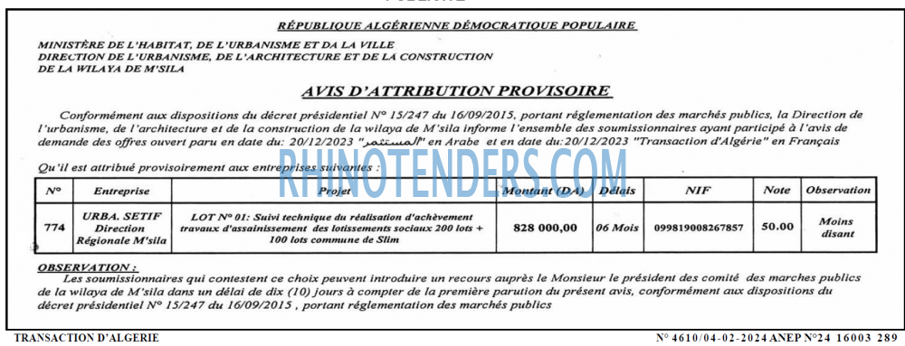 TRANSACTION D'ALGERIE