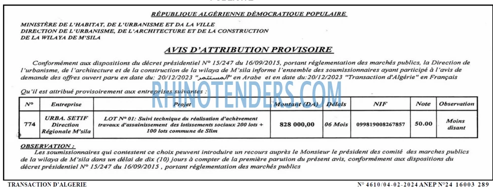 TRANSACTION D'ALGERIE