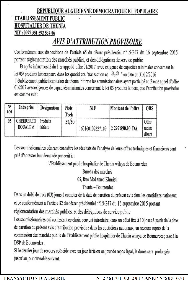 TRANSACTION D'ALGERIE