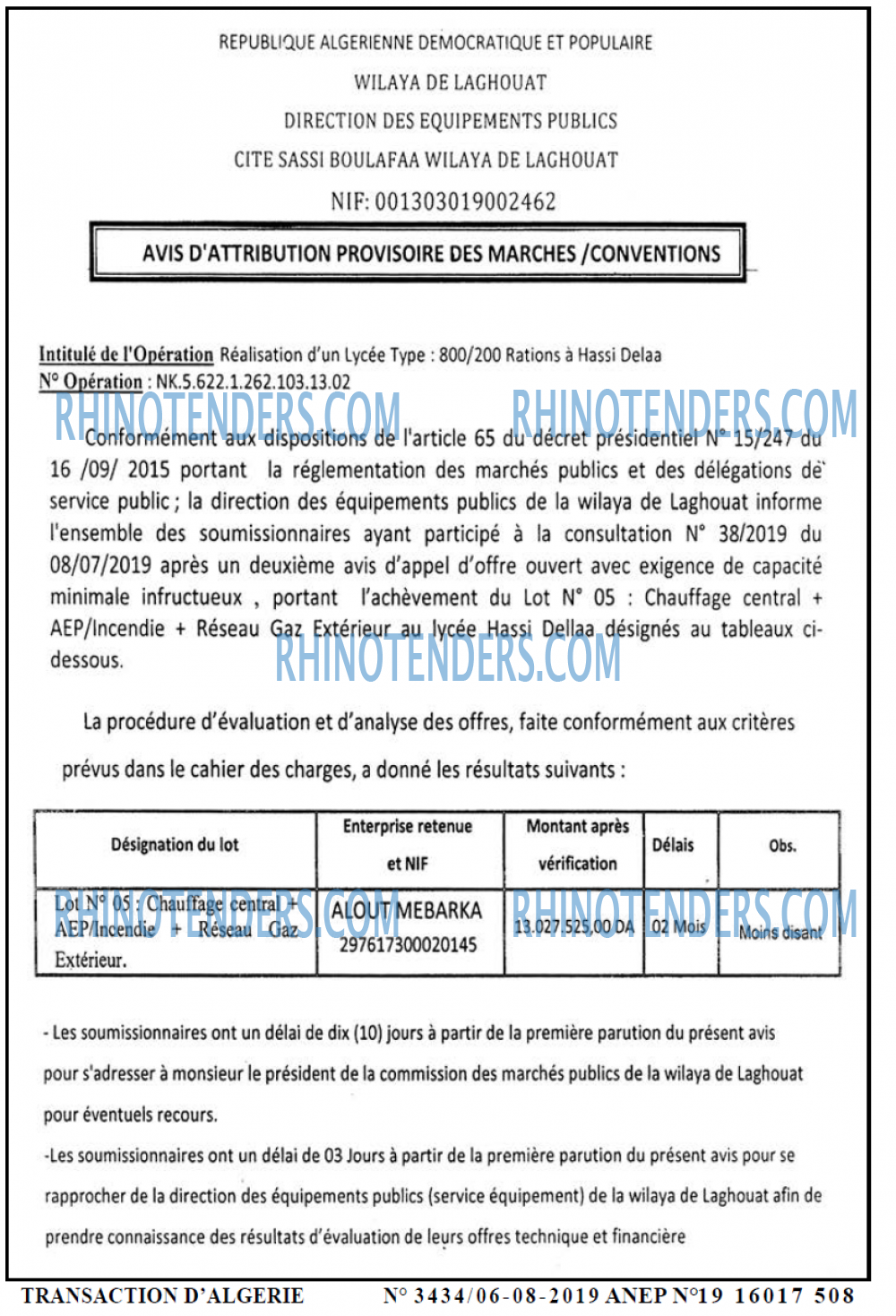 TRANSACTION D'ALGERIE