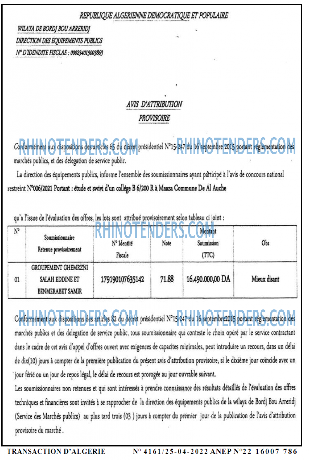 TRANSACTION D'ALGERIE