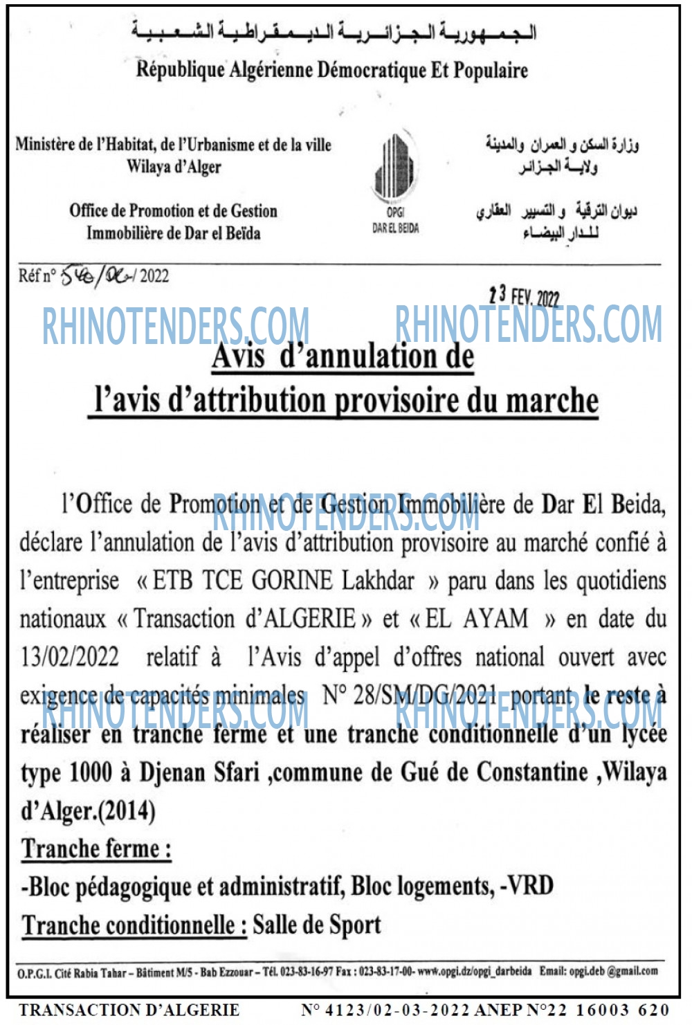 TRANSACTION D'ALGERIE