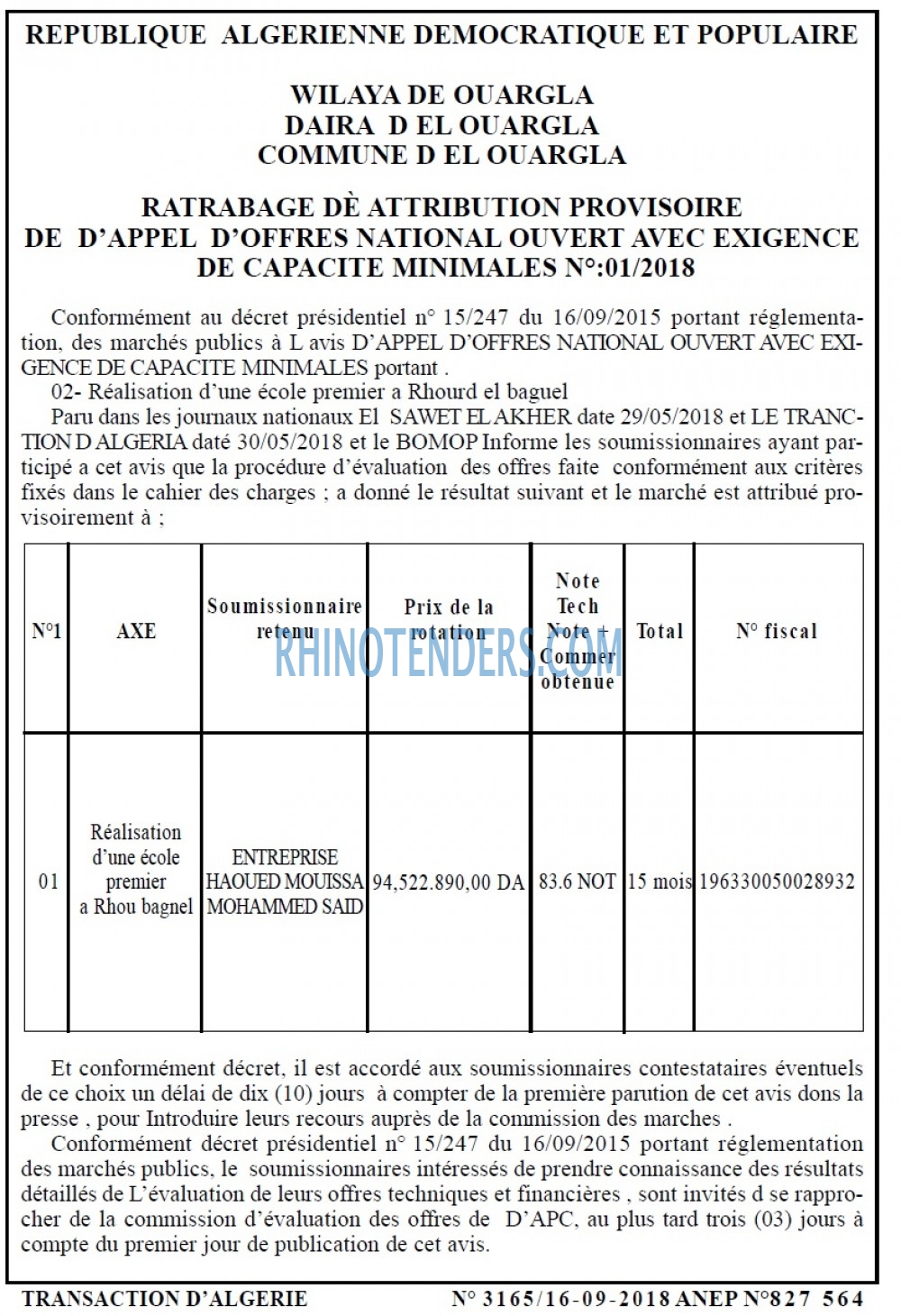 TRANSACTION D'ALGERIE