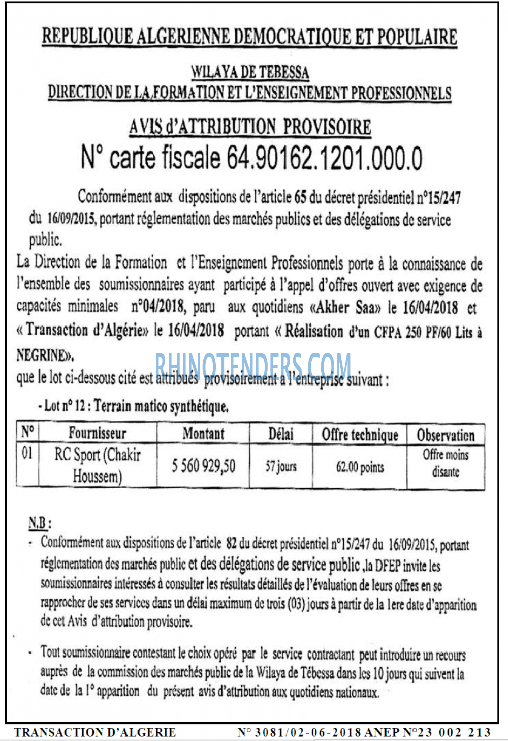 TRANSACTION D'ALGERIE