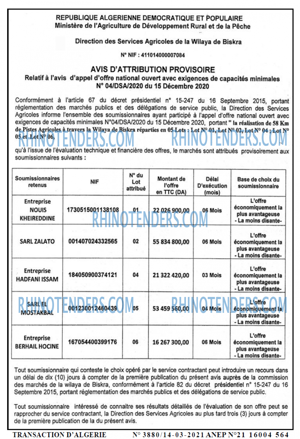 TRANSACTION D'ALGERIE