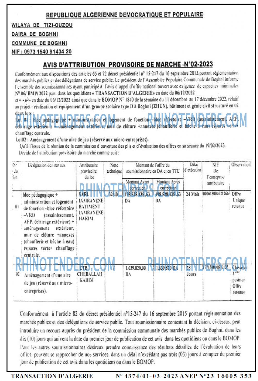 TRANSACTION D'ALGERIE