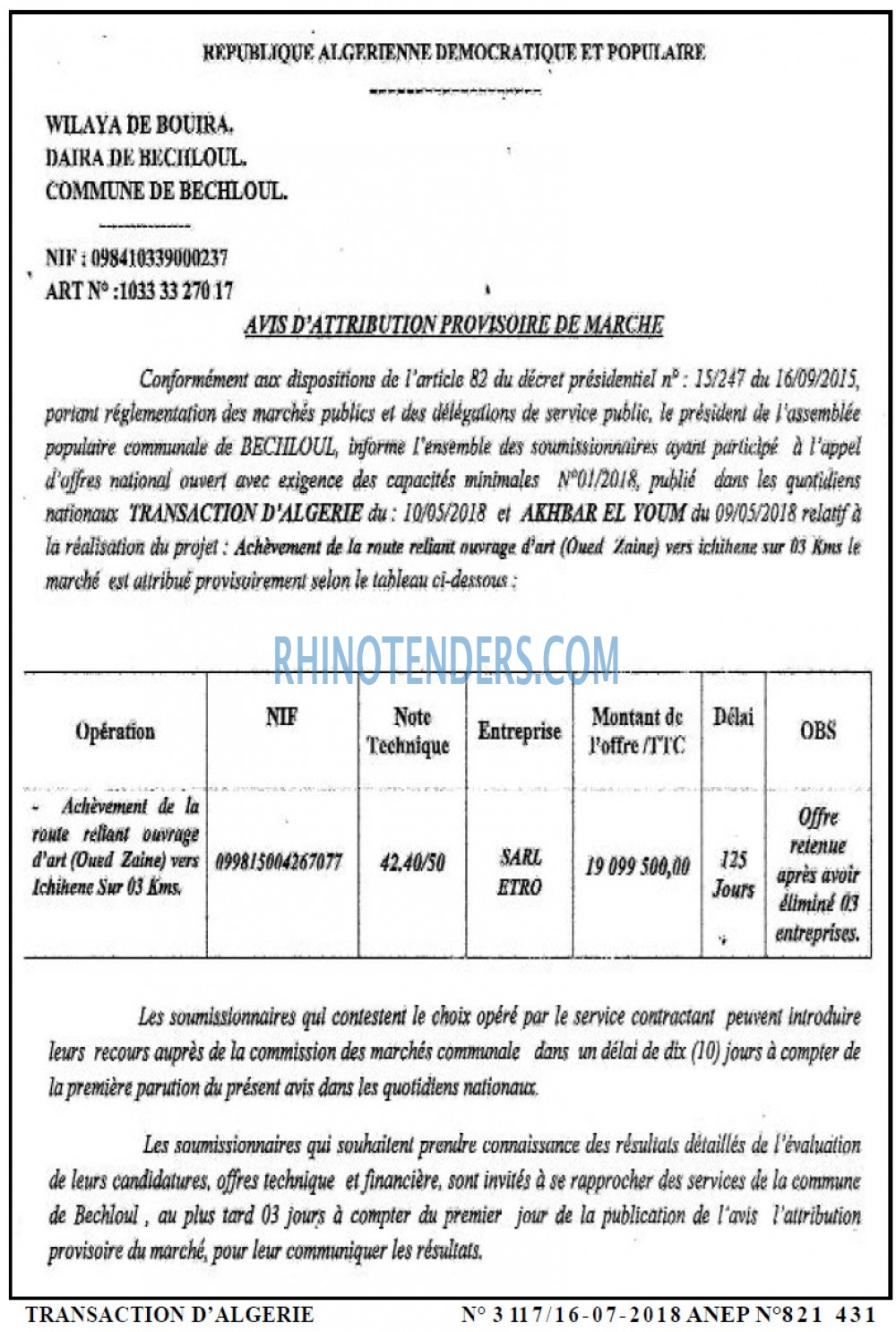 TRANSACTION D'ALGERIE