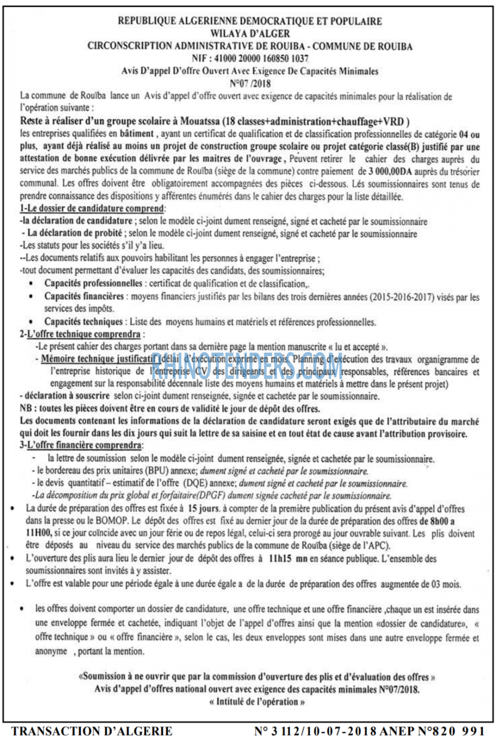 TRANSACTION D'ALGERIE