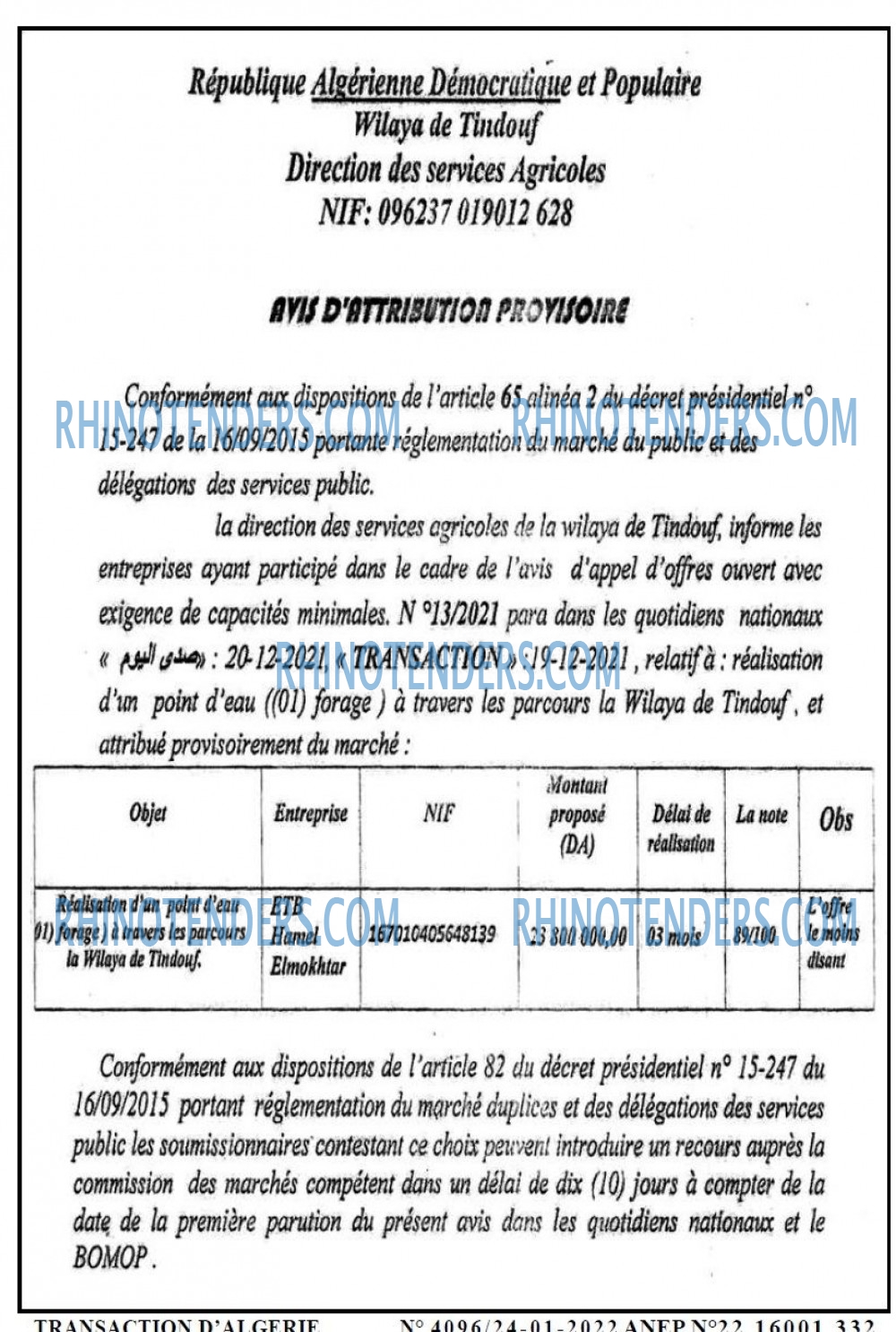 TRANSACTION D'ALGERIE