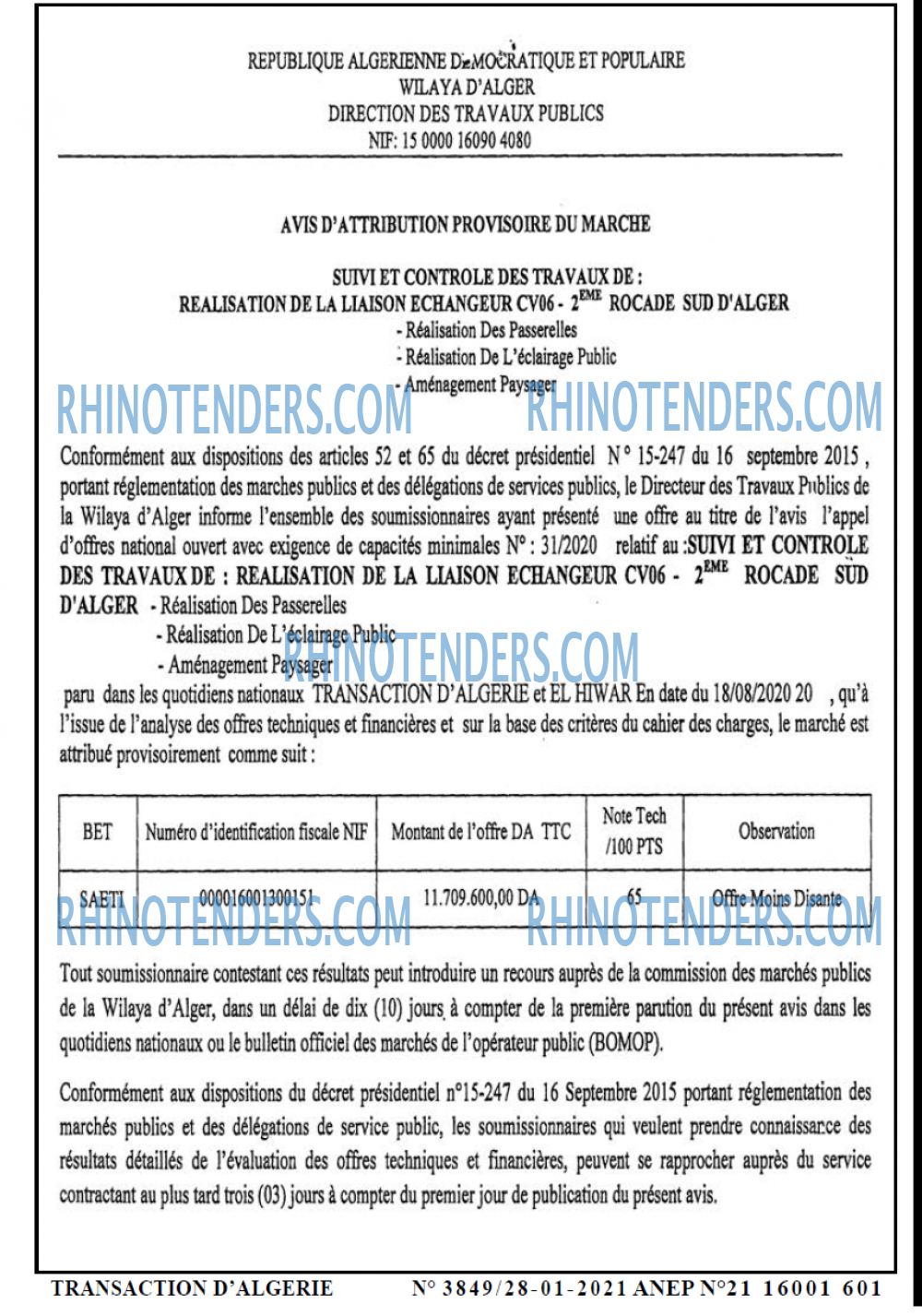 TRANSACTION D'ALGERIE