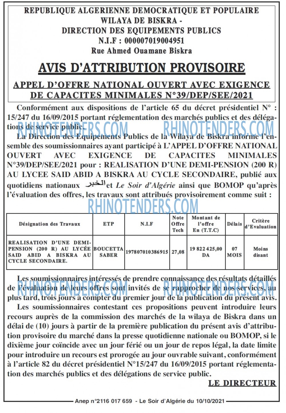 LE SOIR D'ALGERIE