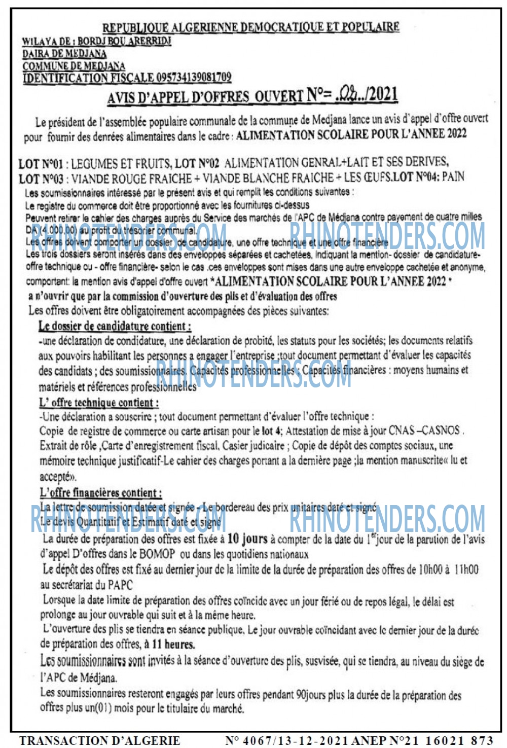 TRANSACTION D'ALGERIE