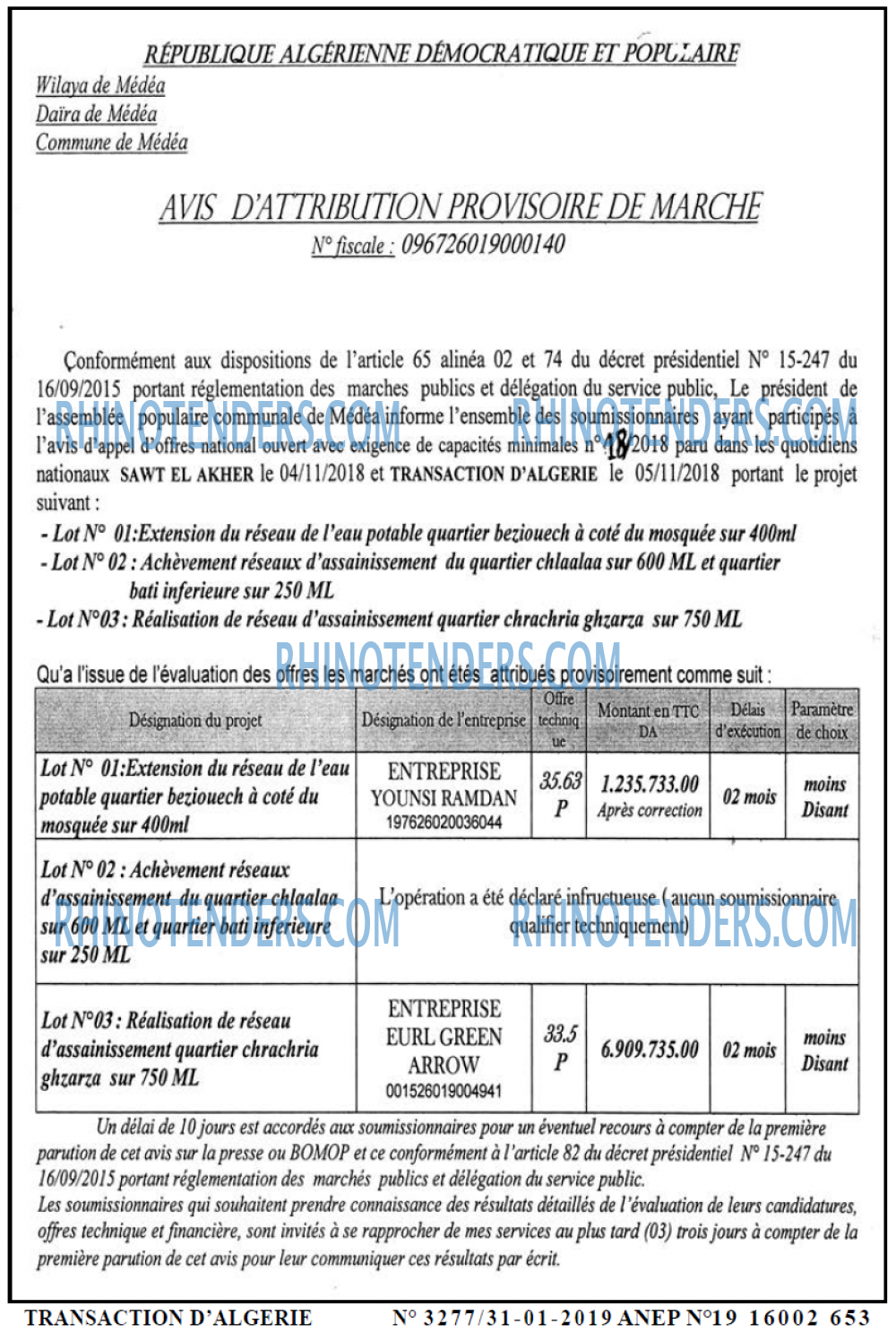 TRANSACTION D'ALGERIE