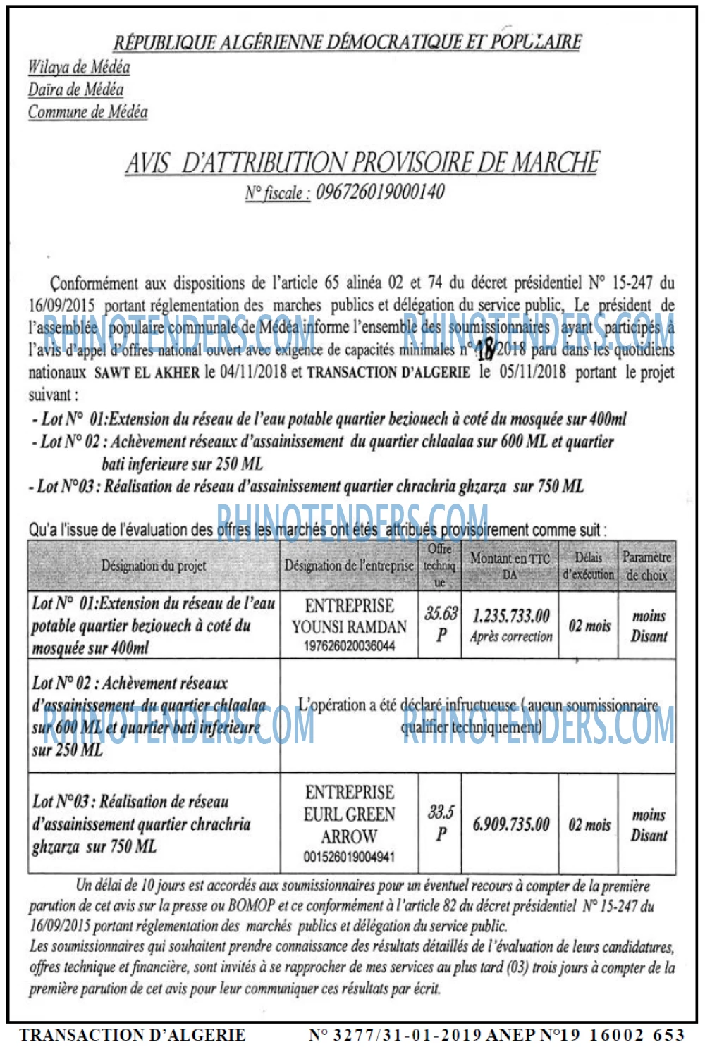 TRANSACTION D'ALGERIE