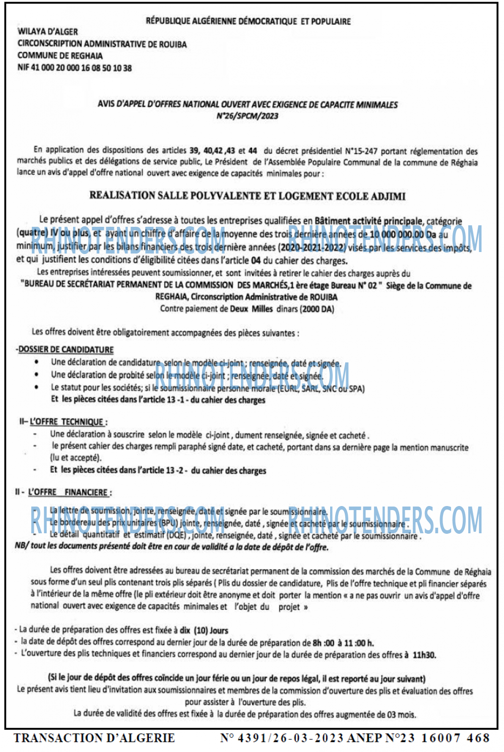 TRANSACTION D'ALGERIE